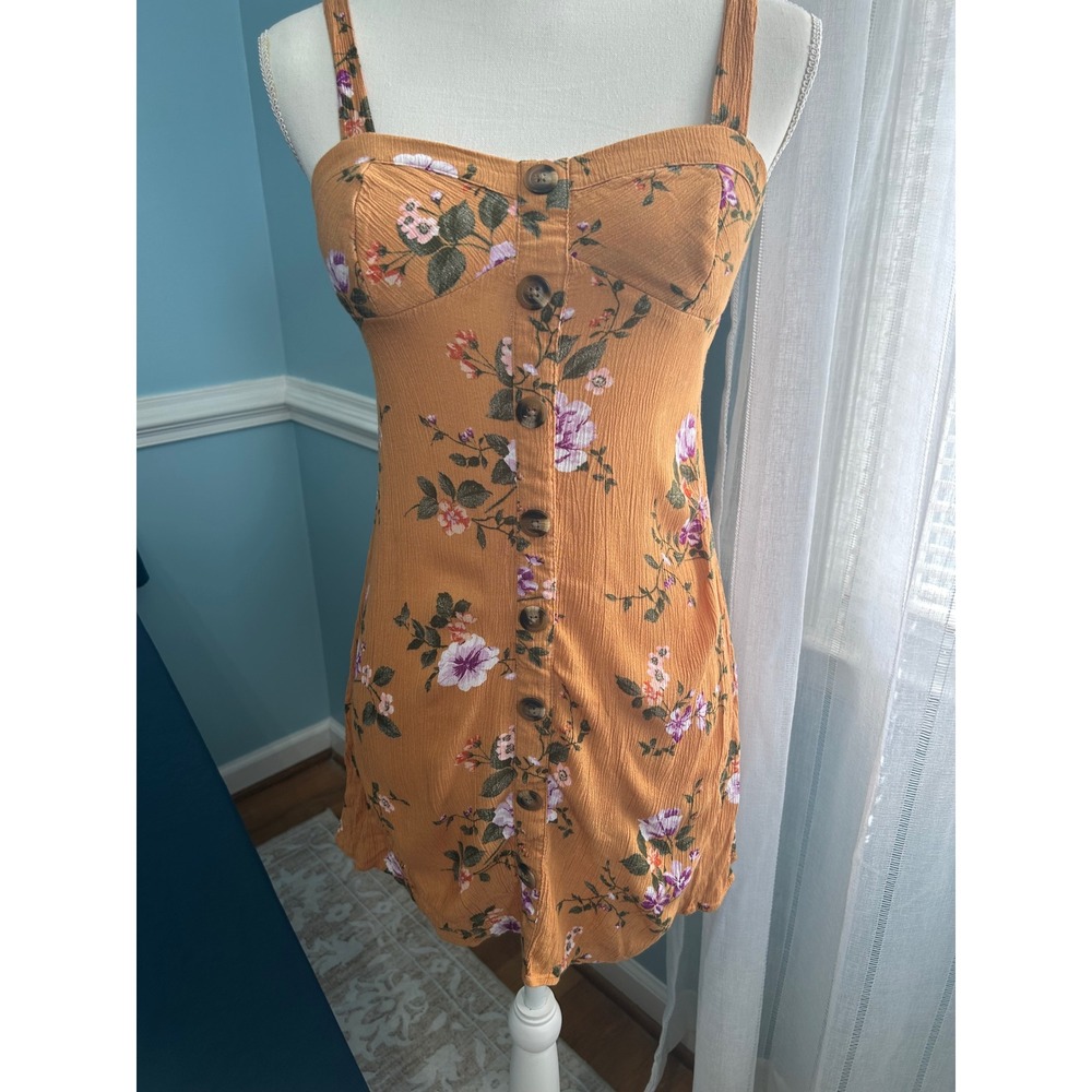 American Eagle‎ Floral Button Front Mini Dress Mustard Yellow XS Smocked Back